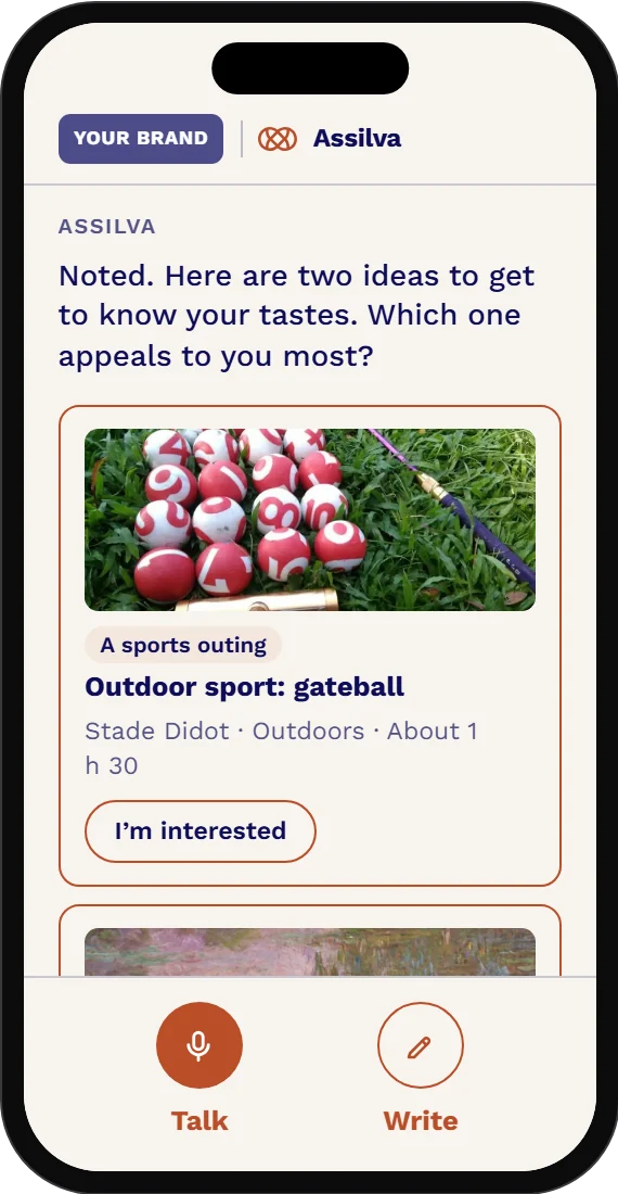 App screen: Assilva suggests two outings to compare, gateball at the Stade Didot or the “Monet, peindre le temps” exhibition at the Musée de l’Orangerie.