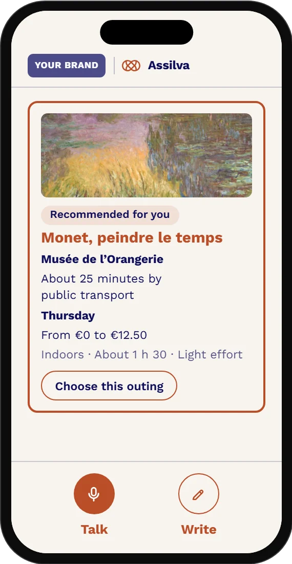 App screen: the recommended outing, the “Monet, peindre le temps” exhibition at the Musée de l’Orangerie, with the journey, the day, the price and the effort involved.