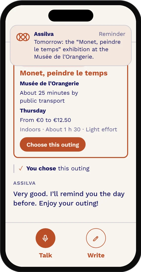 App screen: the reminder the day before the “Monet, peindre le temps” exhibition.