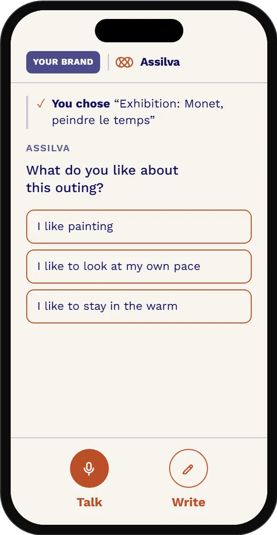 App screen: Assilva asks what the person liked about the outing they chose, with three suggested answers.