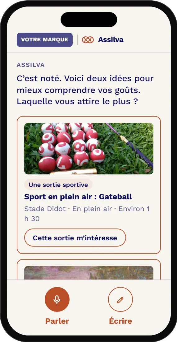 Écran de l’application : Assilva propose deux sorties à comparer, du gateball au stade Didot ou l’exposition « Monet, peindre le temps » au musée de l’Orangerie.