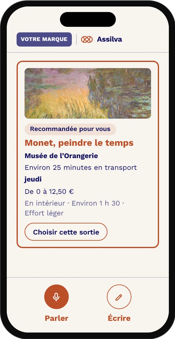 Écran de l’application : la sortie recommandée, l’exposition « Monet, peindre le temps » au musée de l’Orangerie, avec le trajet, le jour, le prix et l’effort demandé.