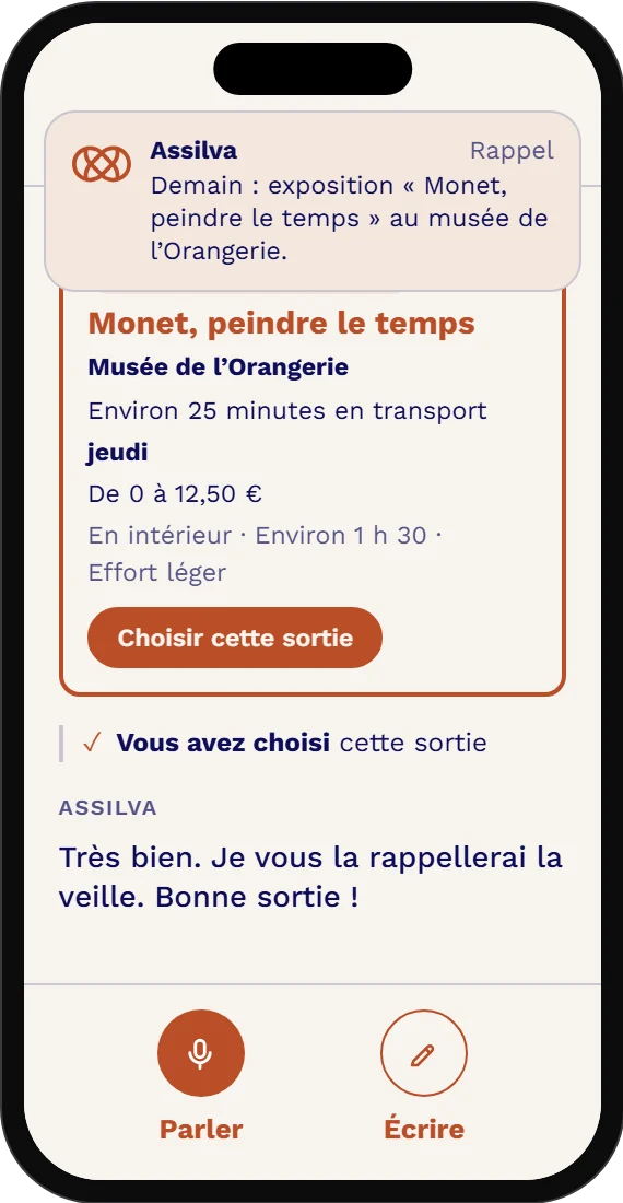 Écran de l’application : le rappel de la veille pour l’exposition « Monet, peindre le temps ».