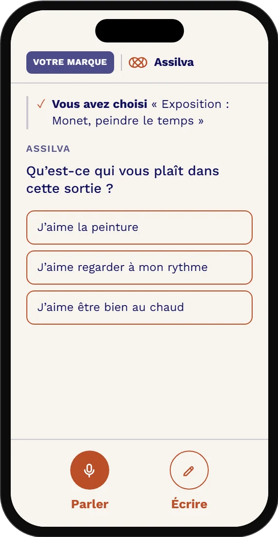 Écran de l’application : Assilva demande ce qui plaît dans la sortie choisie, avec trois réponses proposées.